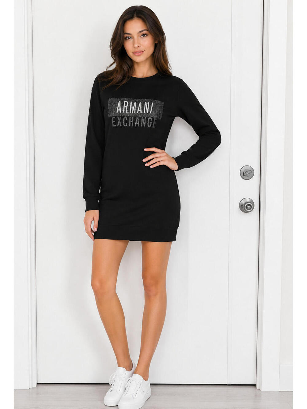 Armani Exchange black sweatshirt dress with a rhinestone logo Sz XS